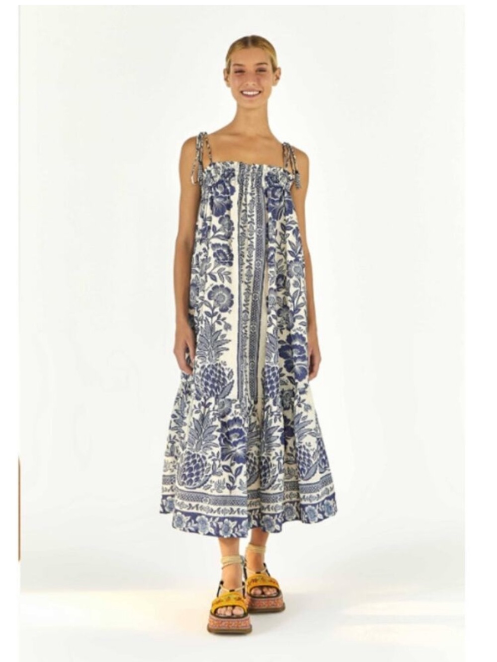 FARM Rio Floral Print Midi Dress in Blue and White